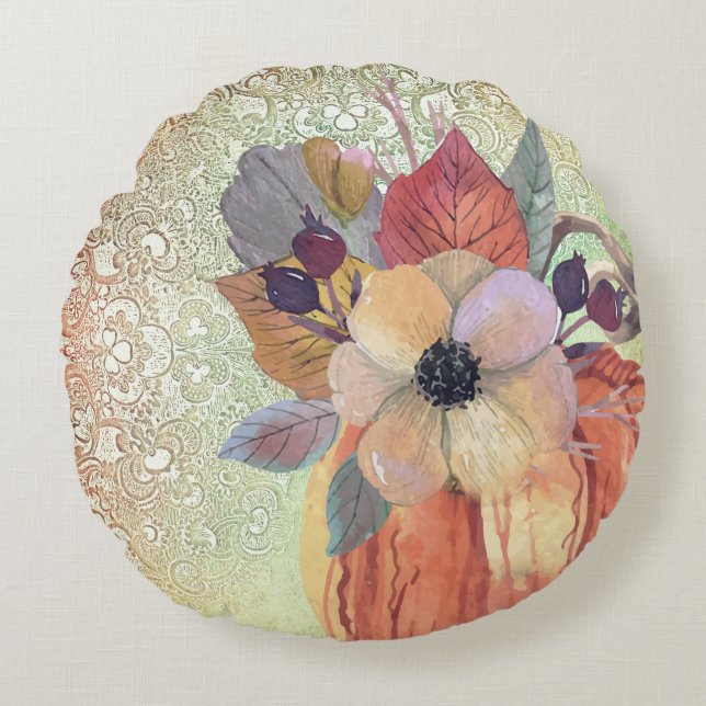 Pumpkin flowers and lace fall elegant  round cushion (Front)