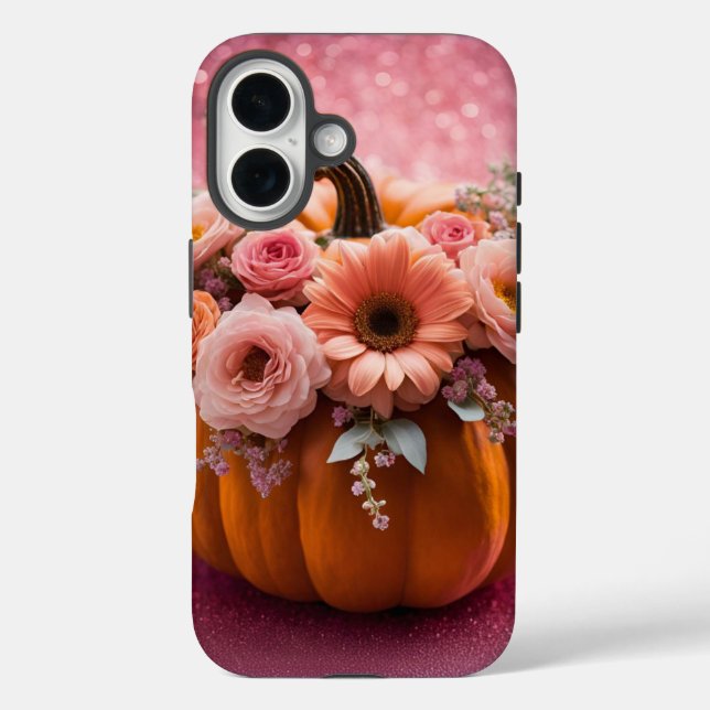 Pumpkin Flowers Pink Glitter iPhone 16 Case (Back)