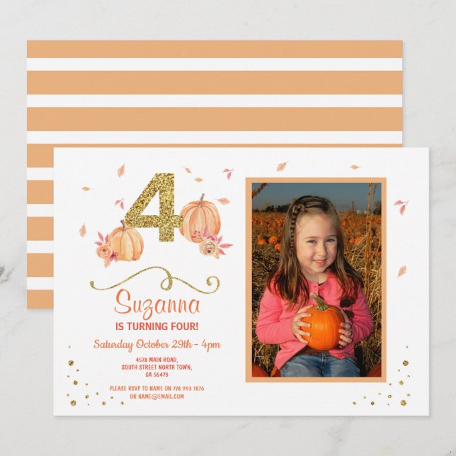 Pumpkin FOUR Birthday 4th Fall Party Photo Invite (Front/Back)