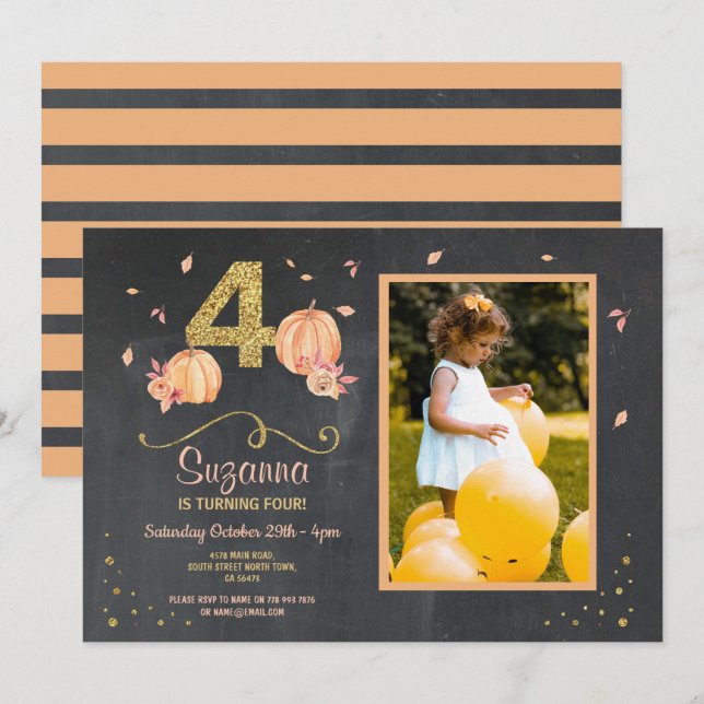 Pumpkin FOUR Birthday 4th Fall Party Photo Invite (Front/Back)