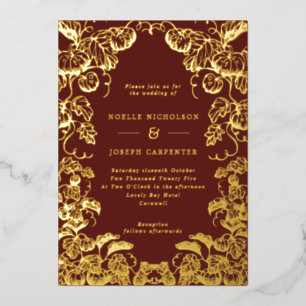 Pumpkin Frame Fall Wedding Burgundy & Gold Foil