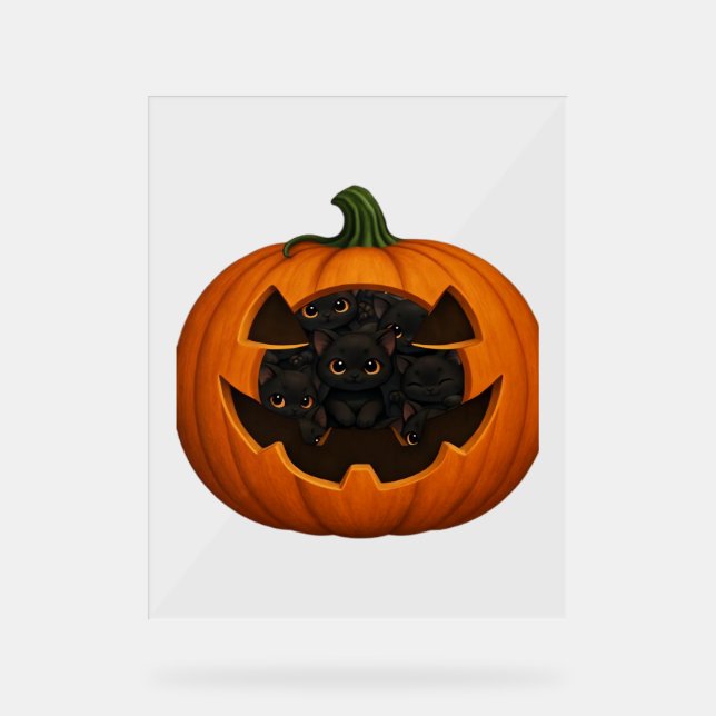 Pumpkin Full of Kittens - Cute Black Cat Halloween Acrylic Sign (Front)