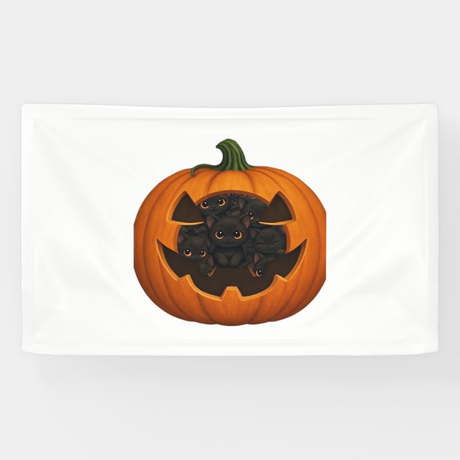 Pumpkin Full of Kittens - Cute Black Cat Halloween Banner (Horizontal)