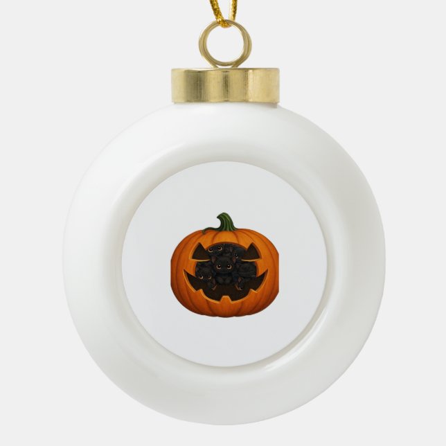 Pumpkin Full of Kittens - Cute Black Cat Halloween Ceramic Ball Christmas Ornament (Front)