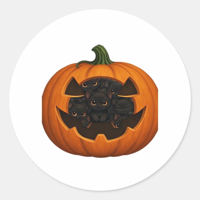 Pumpkin Full of Kittens - Cute Black Cat Halloween Classic Round Sticker (Front)