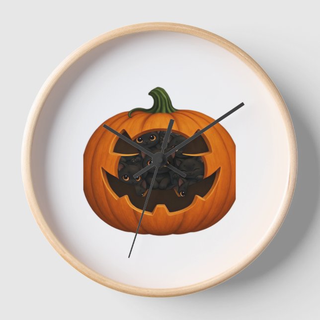 Pumpkin Full of Kittens - Cute Black Cat Halloween Clock (Front)