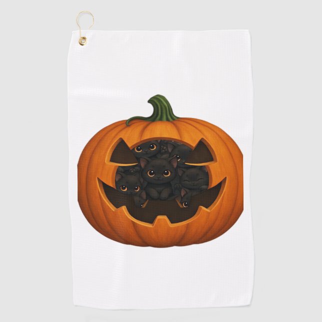 Pumpkin Full of Kittens - Cute Black Cat Halloween Golf Towel (Front)