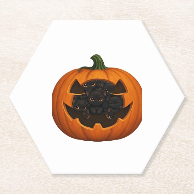 Pumpkin Full of Kittens - Cute Black Cat Halloween Paper Coaster (Front)