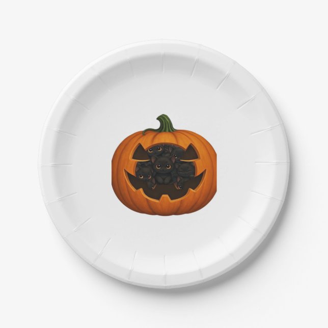 Pumpkin Full of Kittens - Cute Black Cat Halloween Paper Plate (Front)