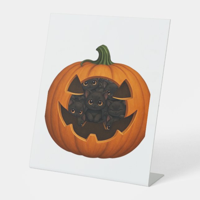 Pumpkin Full of Kittens - Cute Black Cat Halloween Pedestal Sign (Front)