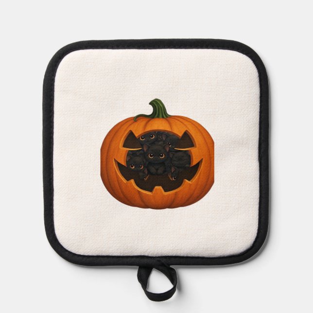 Pumpkin Full of Kittens - Cute Black Cat Halloween Pot Holder (Front)
