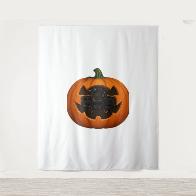 Pumpkin Full of Kittens - Cute Black Cat Halloween Tapestry (Front)