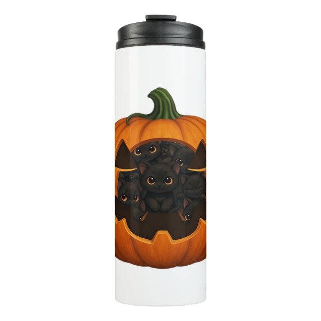 Pumpkin Full of Kittens - Cute Black Cat Halloween Thermal Tumbler (Front)