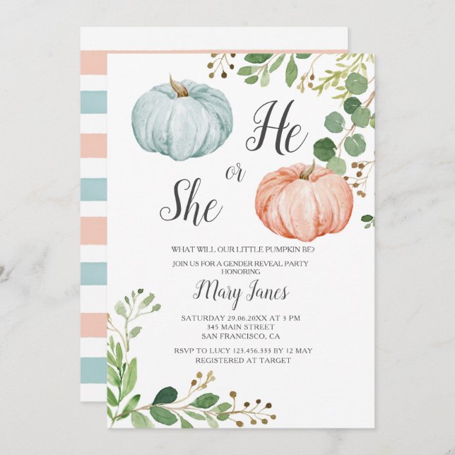 Pumpkin Gender Reveal Greenery Invitation (Front/Back)