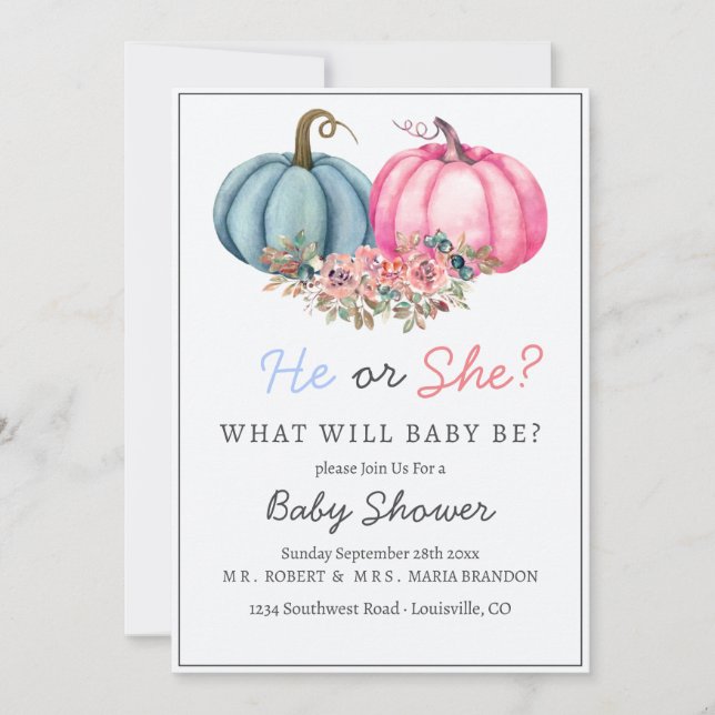 Pumpkin Gender Reveal Invitation Boy or Girl  (Front)