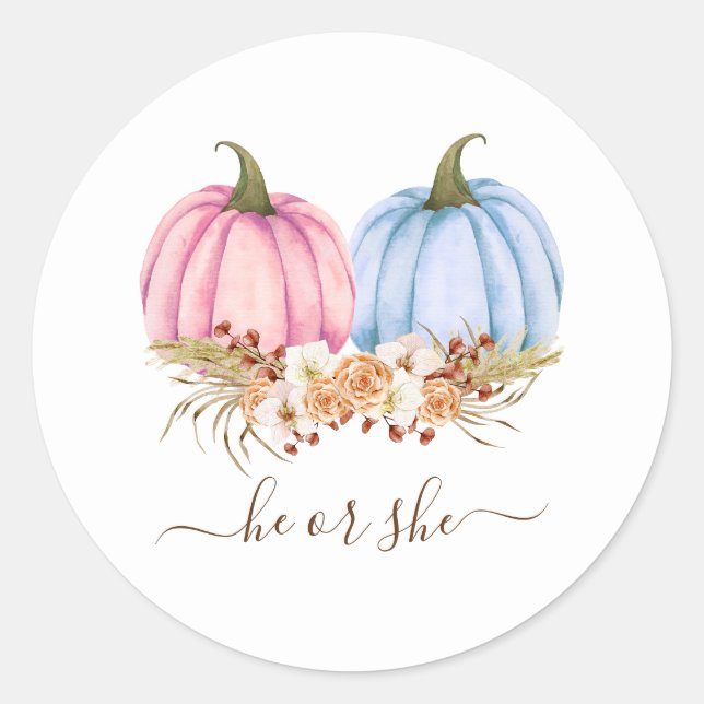 Pumpkin Gender Reveal Invitation, Fall Gender  Classic Round Sticker (Front)