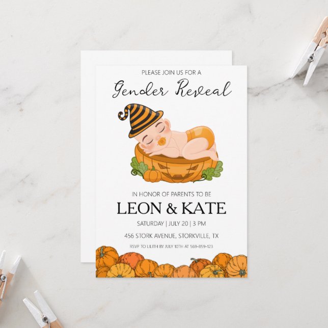 pumpkin gender reveal invitations (Front/Back In Situ)