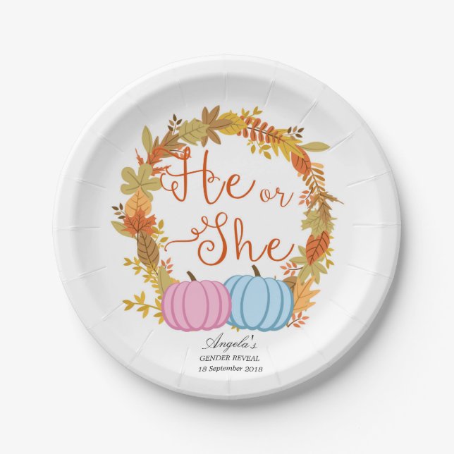 Pumpkin Gender Reveal Party Paper Plates (Front)