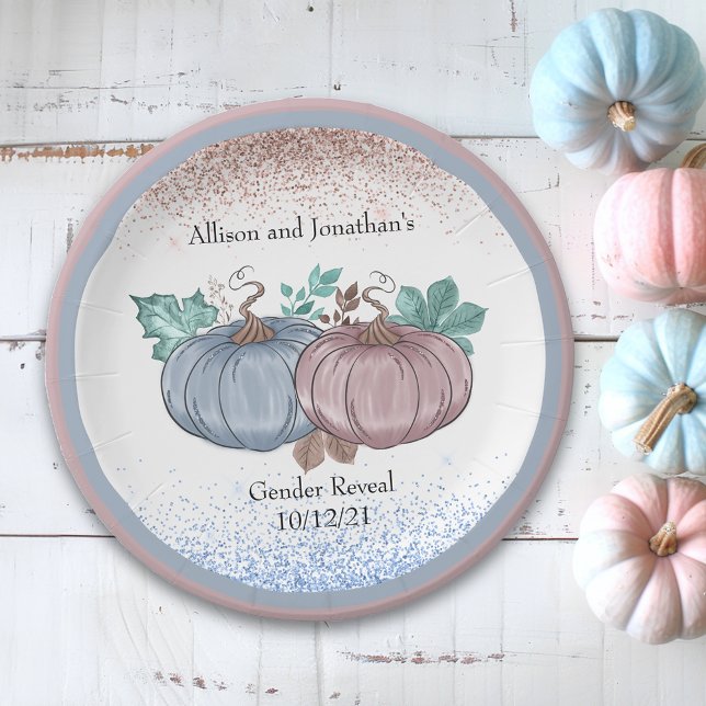 Pumpkin Gender reveal Pink Blue Autumn Glitter Paper Plate (Creator Uploaded)