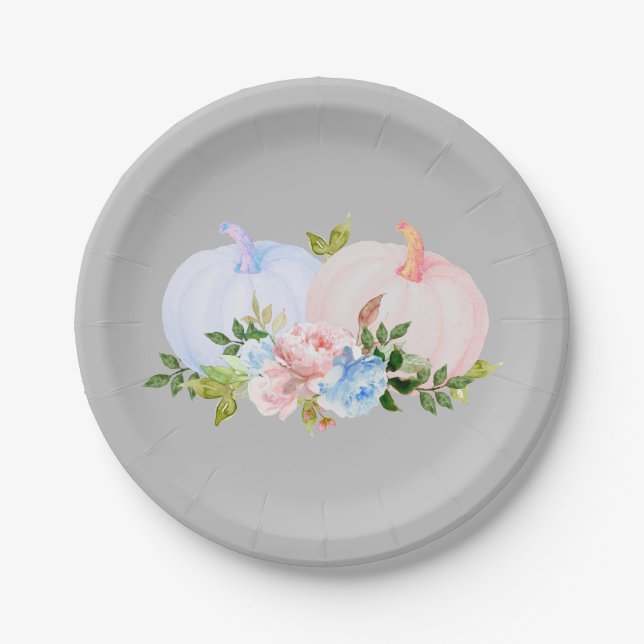 Pumpkin Gender reveal Pink Blue Autumn Paper Plate (Front)