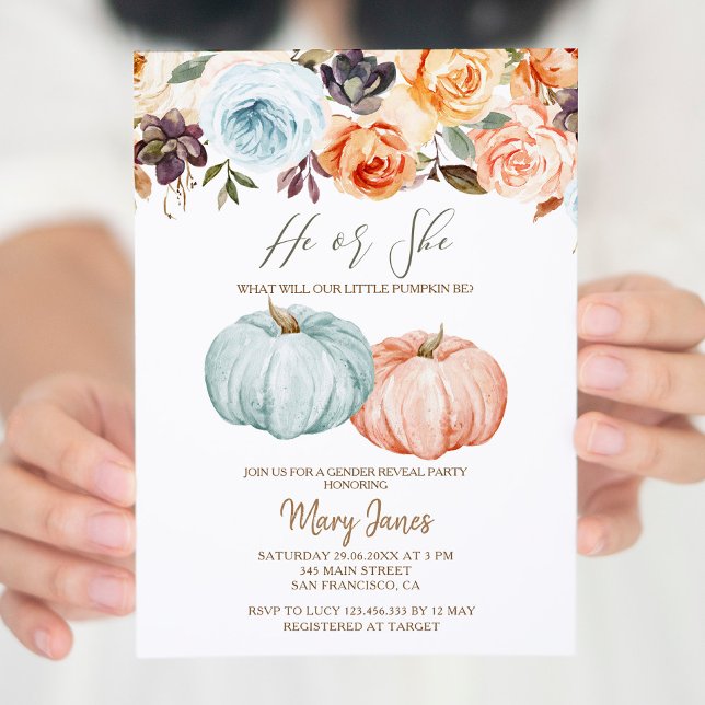 Pumpkin Gender Reveal Rustic Floral Invitation (Creator Uploaded)