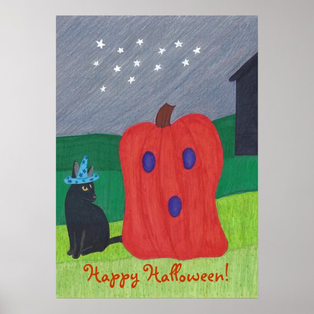 Pumpkin Ghost and Wizard Cat Halloween Posters (Front)