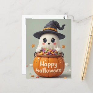 Pumpkin Ghost Halloween Sweet Ghostly Greetings Postcard