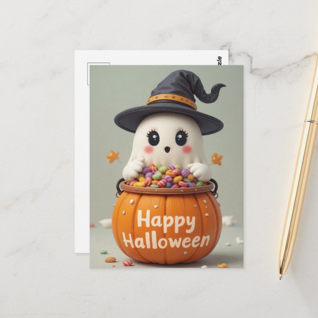 Pumpkin Ghost Halloween Sweet Ghostly Greetings Postcard (Front/Back In Situ)