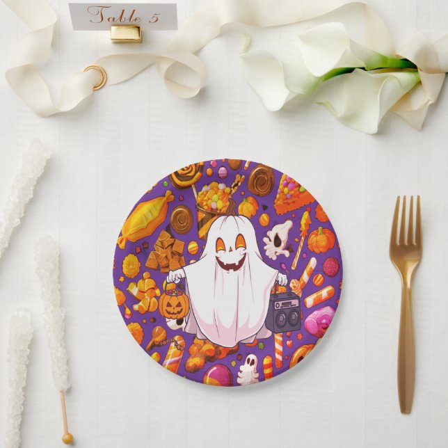 Pumpkin Ghost Pattern Cute Halloween Paper Plate (Wedding)