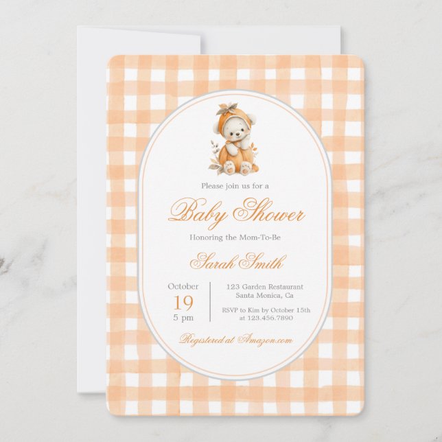 Pumpkin Gingham Baby Shower Girl Invitation (Front)