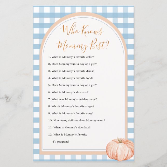 Pumpkin Gingham Birthday Who Knows Mummy Best Game (Front)