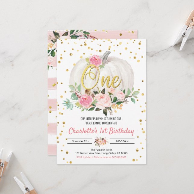 Pumpkin Girl 1st Birthday Party Pink Invitation (Front/Back In Situ)