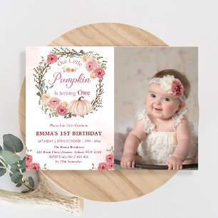  Pumpkin Girl 1st Birthday Pink Floral Party  Invitation