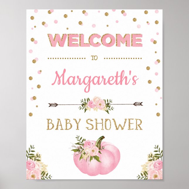 Pumpkin Girl Baby Shower Welcome Sign Pink Floral (Front)