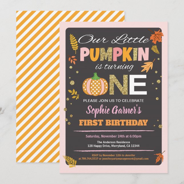 Pumpkin girl first birthday party chalkboard invitation (Front/Back)