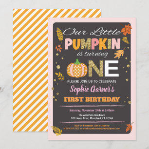 Pumpkin girl first birthday party chalkboard invitation