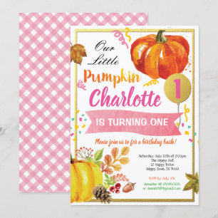 Pumpkin girl first birthday pink and gold invitation