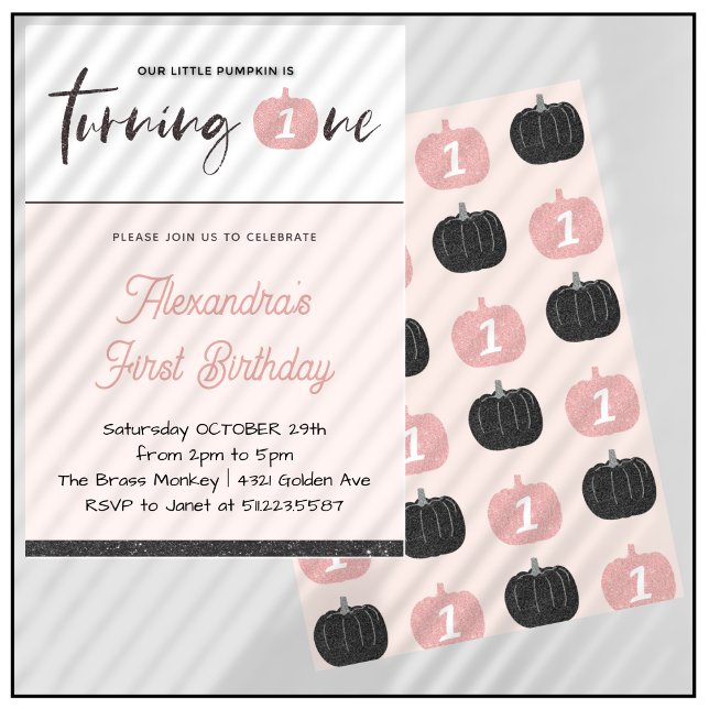 Pumpkin Girl Pink Glitter Halloween 1st birthday Invitation (Halloween-1st-birthday-Invitation-Pumpkin-Girl-Pink-black-Glitter-1)