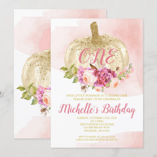 Pumpkin Girl Pink Gold First Birthday Watercolor Invitation