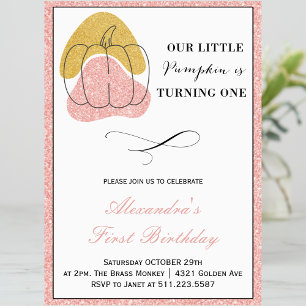Pumpkin Girl Pink Gold Halloween 1st birthday Invitation