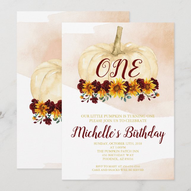 Pumpkin Girl Sunflower Gold First Birthday Invitation (Front/Back)