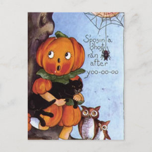 Pumpkin Girl With Cat Postcard