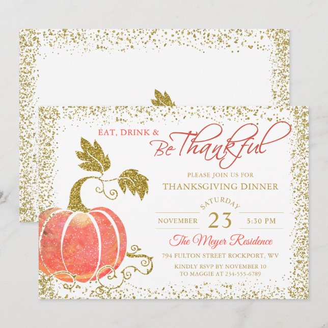 Pumpkin Glitter Thanksgiving Dinner Invitation (Front/Back)