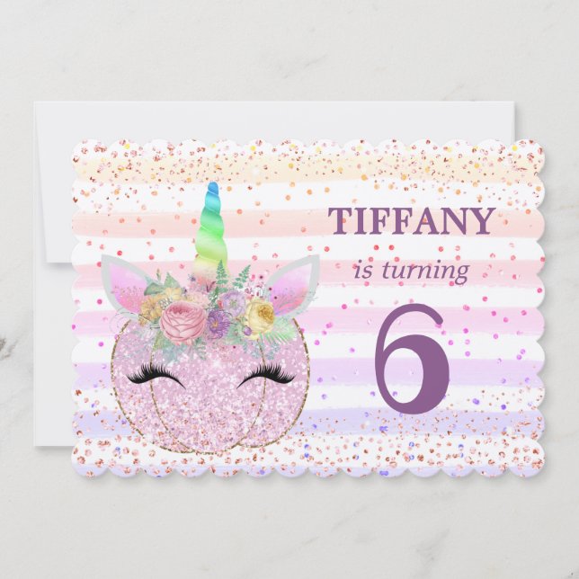 Pumpkin Glitter Unicorn Girls 6th Birthday Party Invitation (Front)