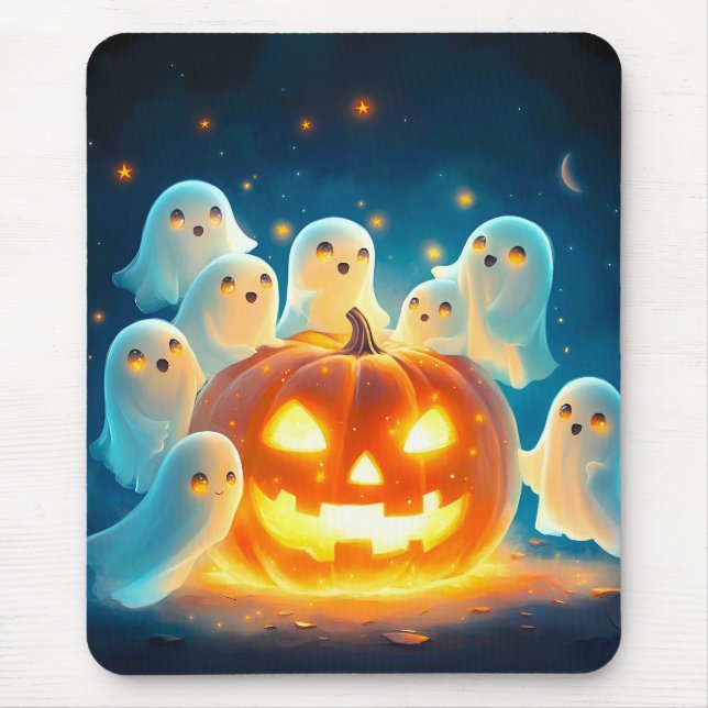 Pumpkin Glow Ghost Party Watercolor Mouse Mat (Front)