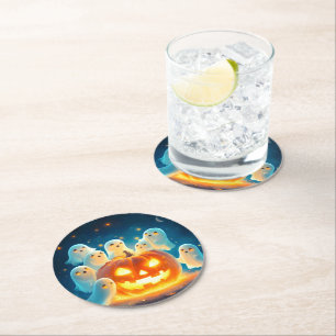 Pumpkin Glow Ghost Party Watercolor Round Paper Coaster