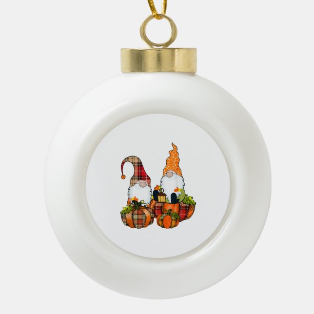 Pumpkin Gnomes Fall Autumn Cute Halloween Ceramic Ball Christmas Ornament (Front)