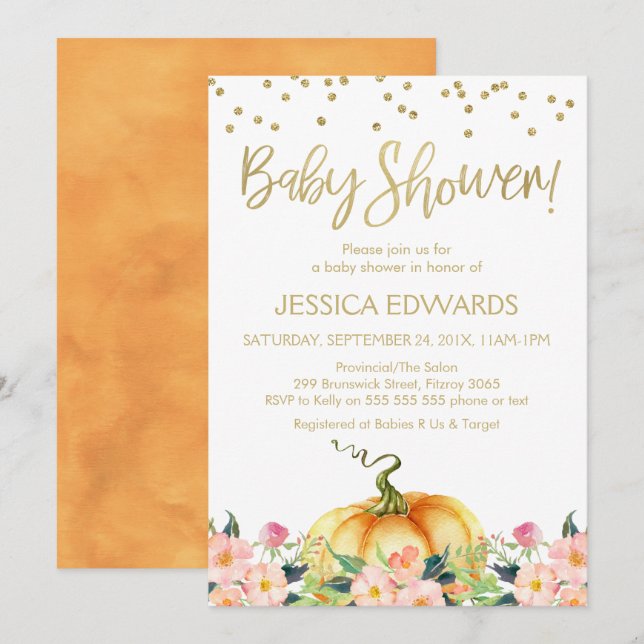 Pumpkin Gold Calligraphy Baby Shower Invitation (Front/Back)