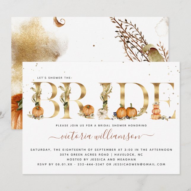 Pumpkin Gold Elegant Autumn Bridal Shower Invitation (Front/Back)