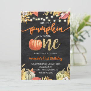 Pumpkin Gold Fall Chalkboard First Birthday Invitation